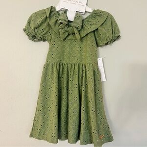 NWT Tahari Girl olive green eyelet dress with a bow collar. Size 5